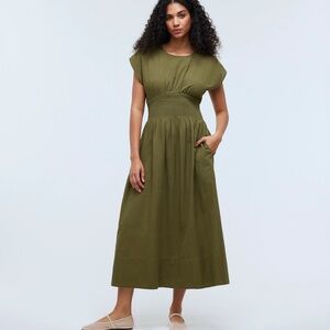 NWT Madewell Smocked-Waist Midi Dress in Stripe Seersucker Desert Olive | Large